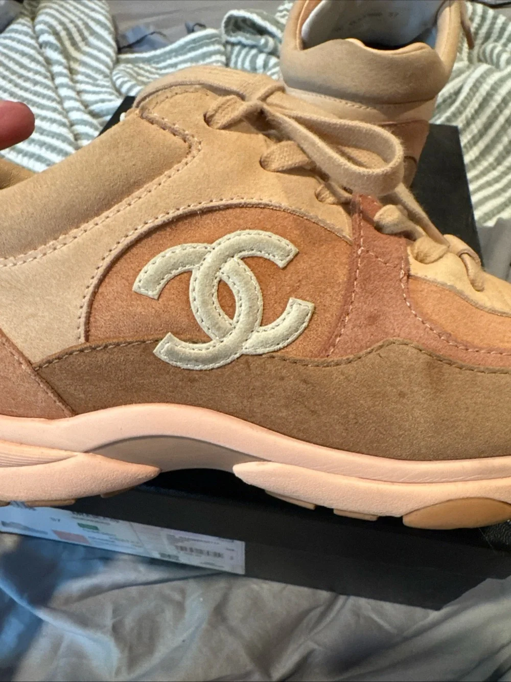 CHANEL Pink & Beige Suede Sneakers